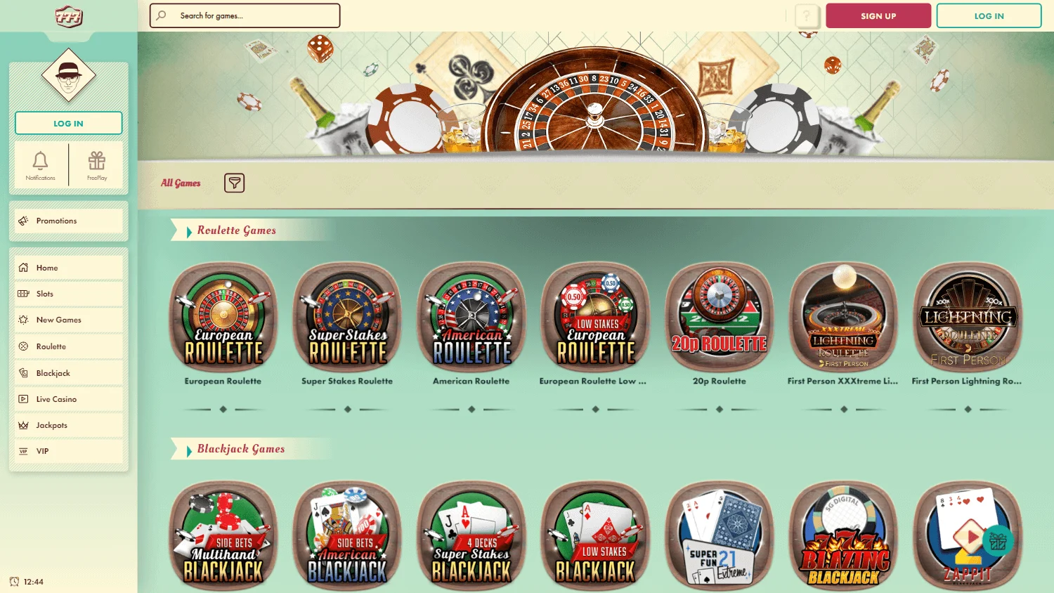 777 Casino desktop games area with casino categories and game choices