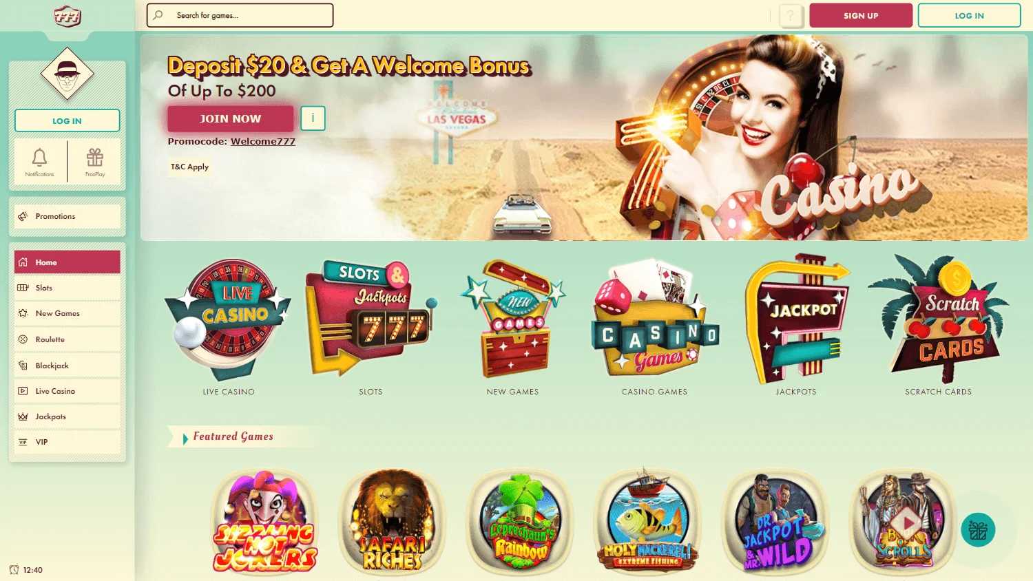 777 Casino desktop home with casino navigation and promotional content