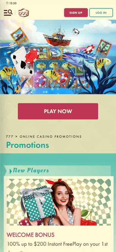 777 Casino mobile app promotions area with casino bonus offers