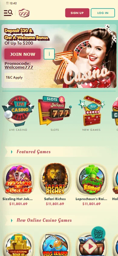 777 Casino mobile app home with casino access and account options