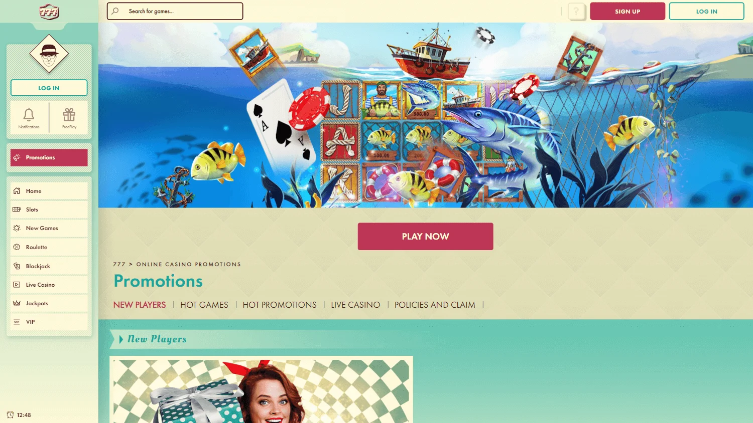 777 Casino desktop promotions area with welcome and loyalty offers